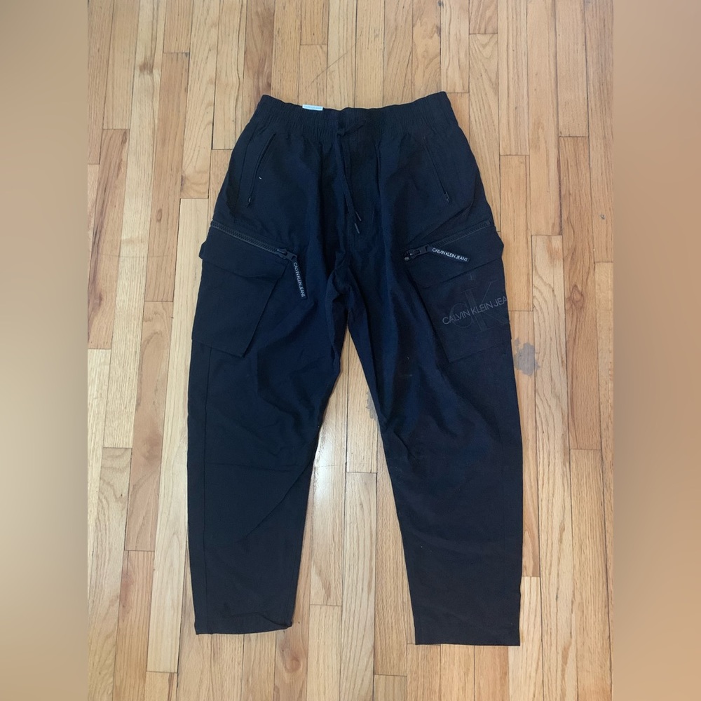 Calvin Klein Loose Cargo Pants tie waist Black NWT